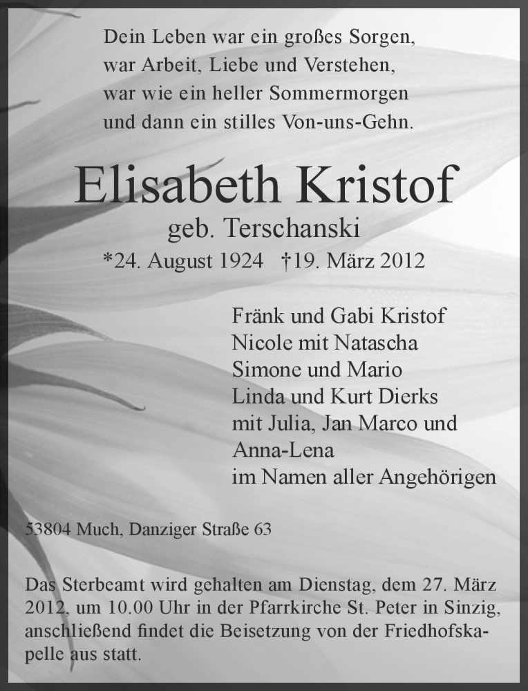  Traueranzeige für Elisabeth Kristof vom 24.03.2012 aus Rhein-Zeitung