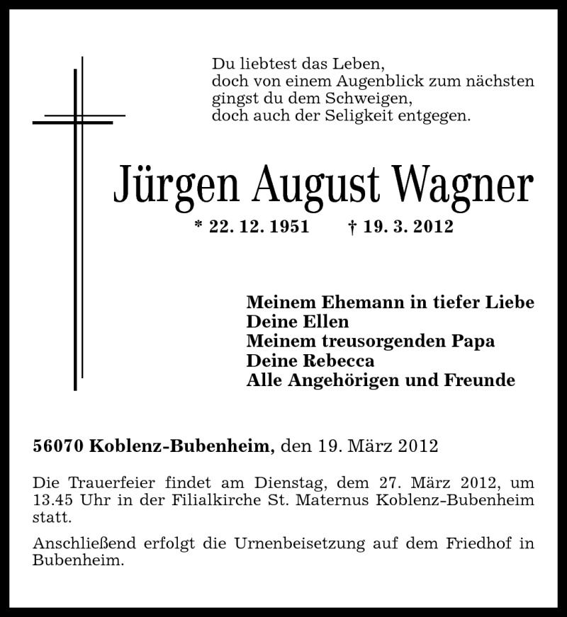  Traueranzeige für Jürgen Wagner vom 24.03.2012 aus Rhein-Zeitung