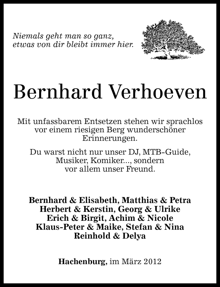 Traueranzeige für Bernhard Verhoeven vom 24.03.2012 aus Westerwälder Zeitung