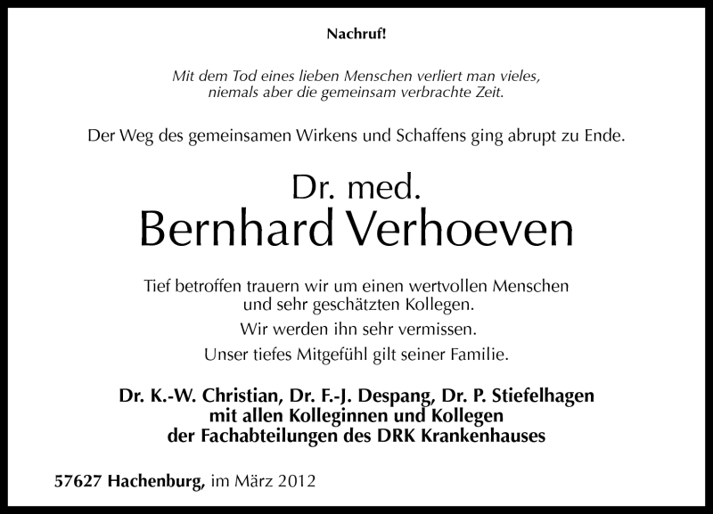  Traueranzeige für Bernhard Verhoeven vom 28.03.2012 aus Westerwälder Zeitung
