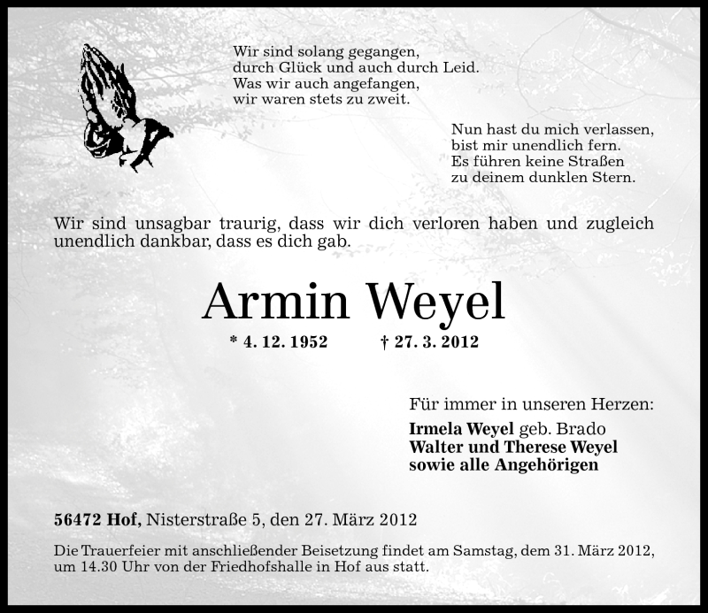  Traueranzeige für Armin Weyel vom 29.03.2012 aus Westerwälder Zeitung