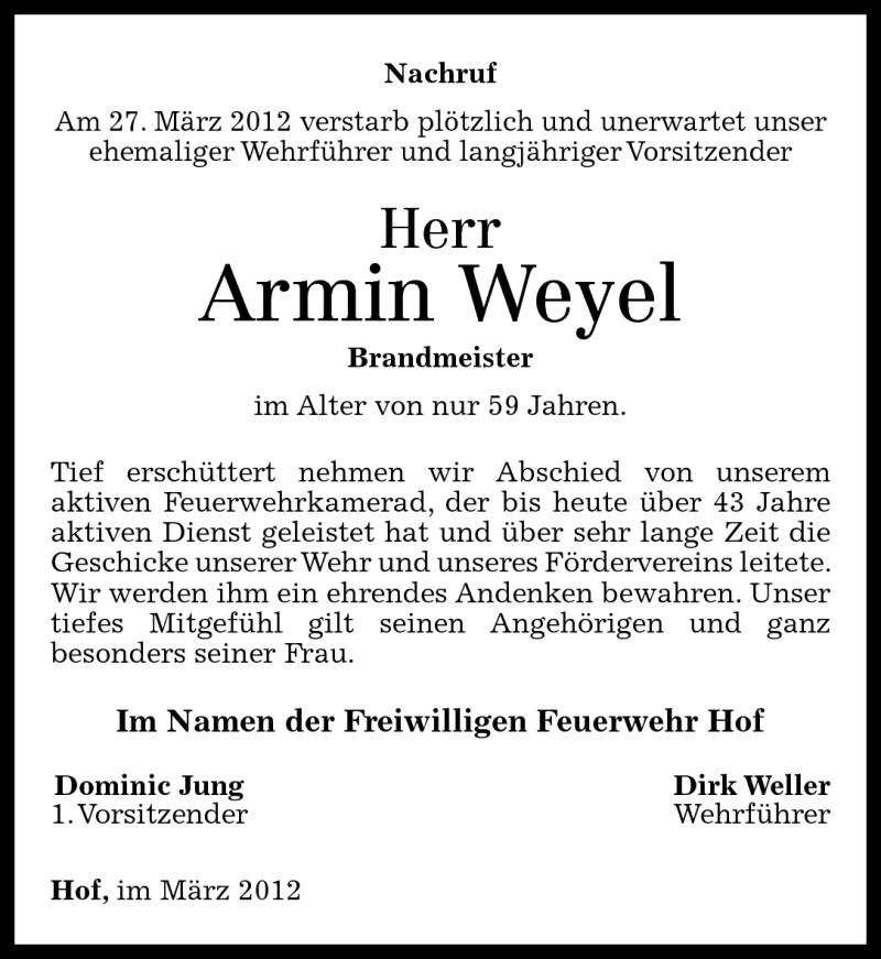  Traueranzeige für Armin Weyel vom 30.03.2012 aus Westerwälder Zeitung