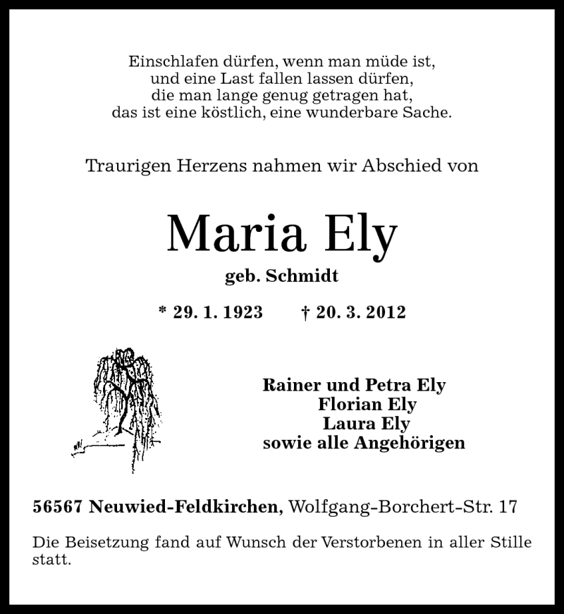  Traueranzeige für Maria Ely vom 31.03.2012 aus Rhein-Zeitung