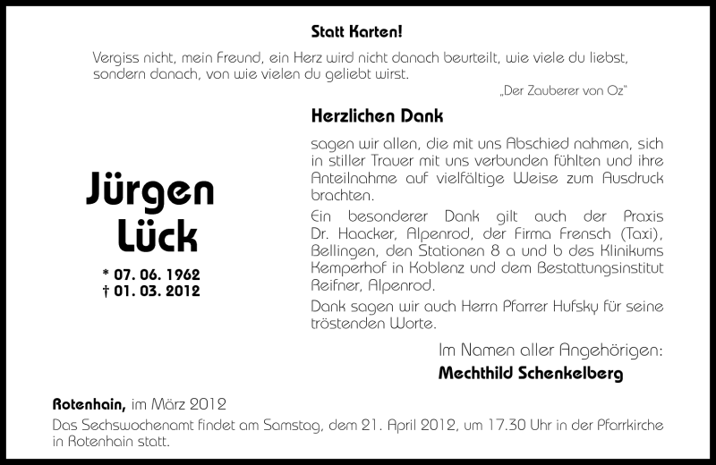  Traueranzeige für Jürgen Lück vom 31.03.2012 aus Westerwälder Zeitung