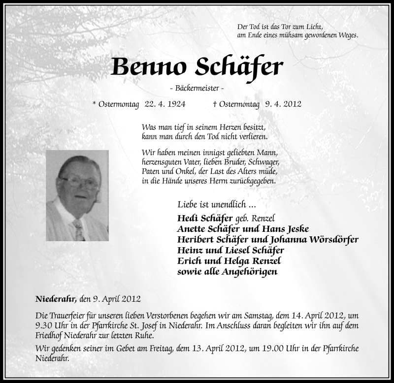  Traueranzeige für Benno Schäfer vom 12.04.2012 aus Westerwälder Zeitung