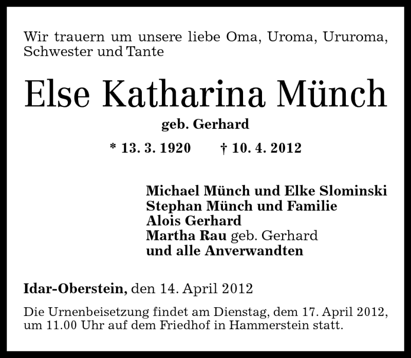  Traueranzeige für Else Katharina Münch vom 14.04.2012 aus Nahe-Zeitung