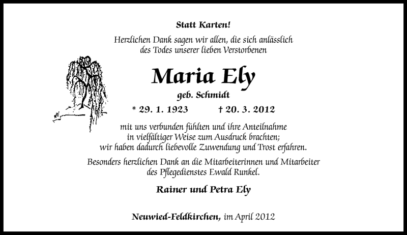  Traueranzeige für Maria Ely vom 14.04.2012 aus Rhein-Zeitung
