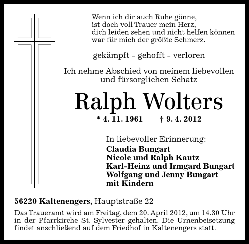  Traueranzeige für Ralph Wolters vom 14.04.2012 aus Rhein-Zeitung