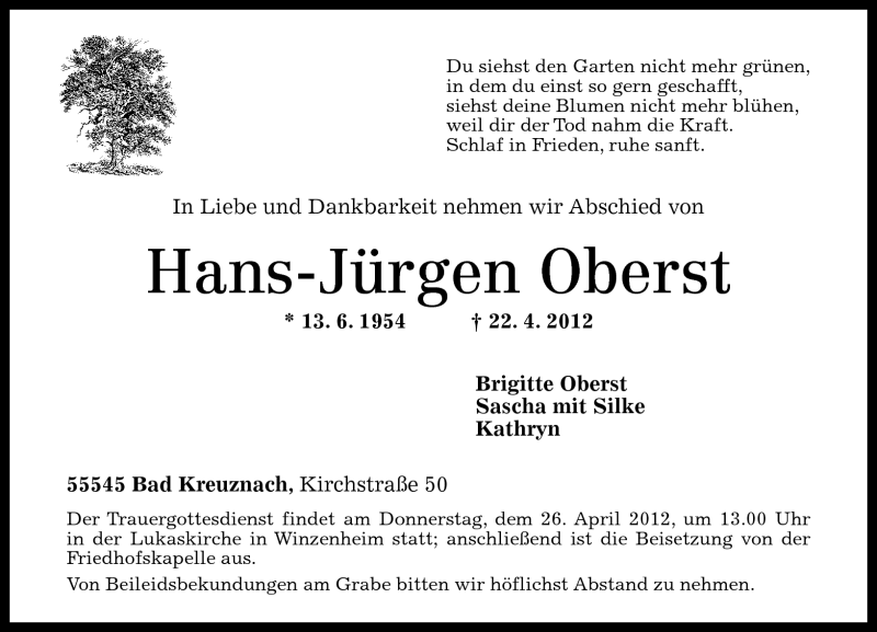  Traueranzeige für Hans-Jürgen Oberst vom 25.04.2012 aus Oeffentlicher Anzeiger
