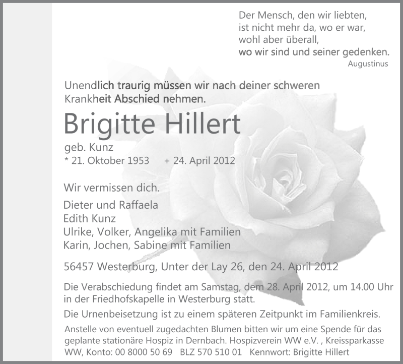  Traueranzeige für Brigitte Hillert vom 26.04.2012 aus Westerwälder Zeitung