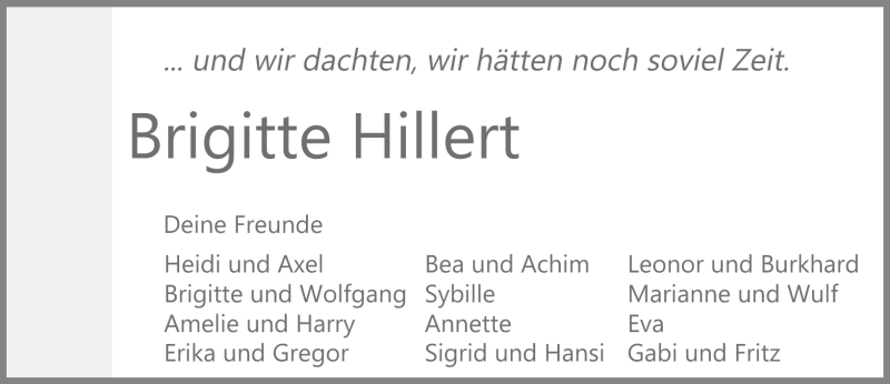  Traueranzeige für Brigitte Hillert vom 26.04.2012 aus Westerwälder Zeitung