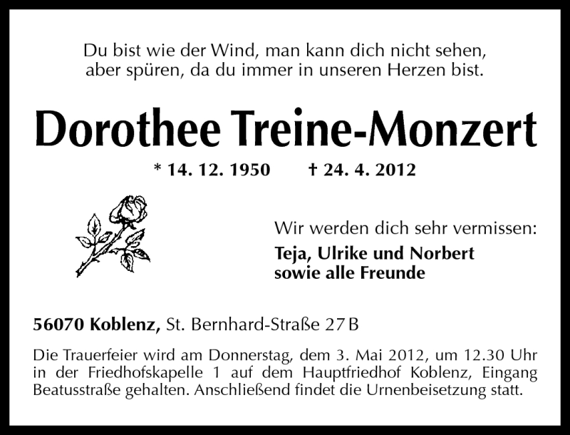  Traueranzeige für Dorothee Treine-Monzert vom 28.04.2012 aus Rhein-Zeitung