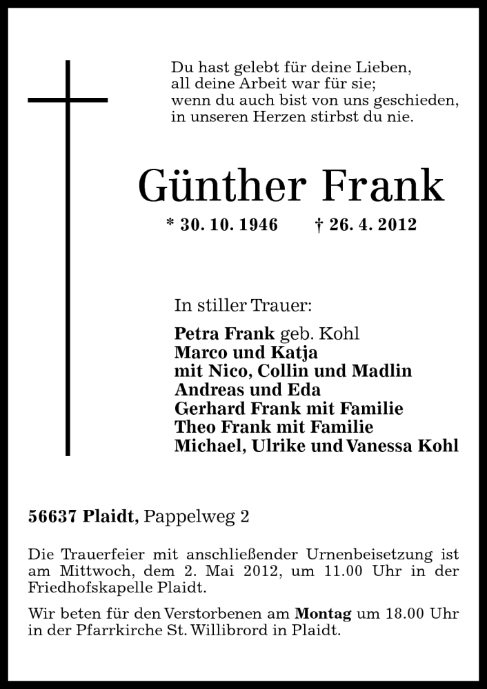 Traueranzeigen von Günther Frank rztrauer.de