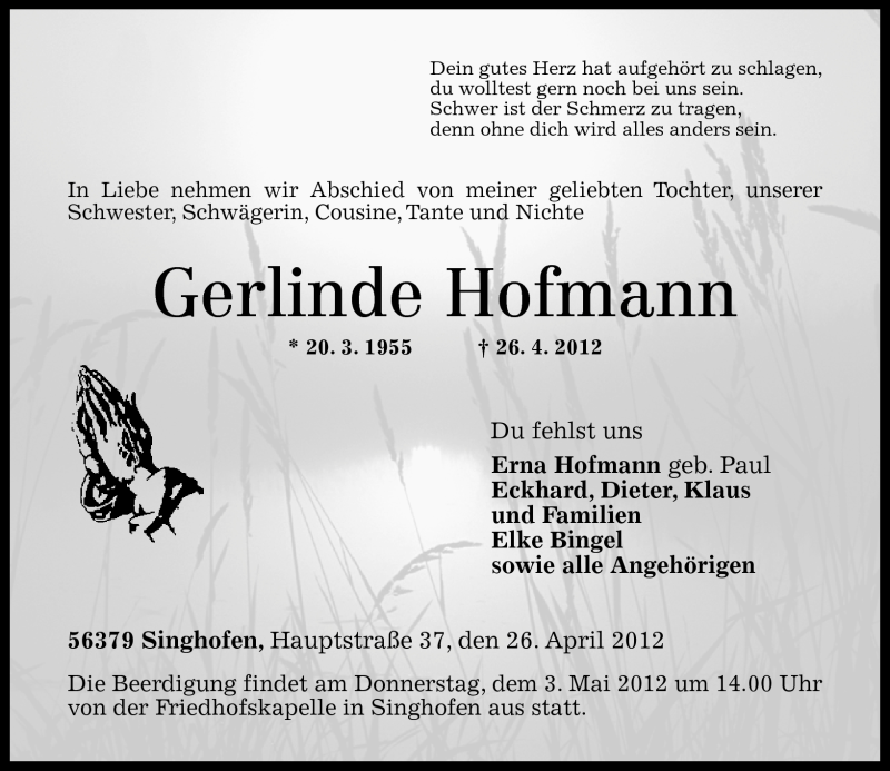  Traueranzeige für Gerlinde Hofmann vom 28.04.2012 aus Rhein-Lahn-Zeitung