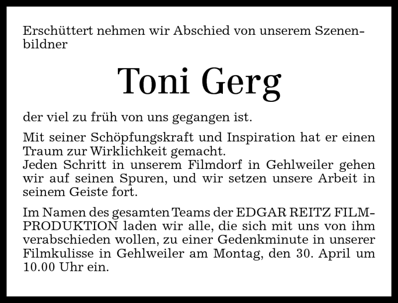  Traueranzeige für Toni Gerg vom 28.04.2012 aus Rhein-Hunsrück-Zeitung