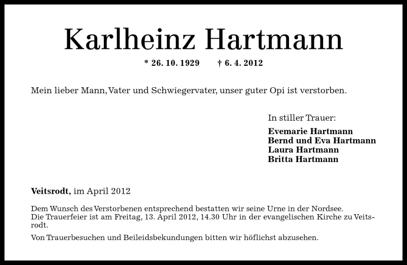  Traueranzeige für Karlheinz Hartmann vom 11.04.2012 aus Nahe-Zeitung