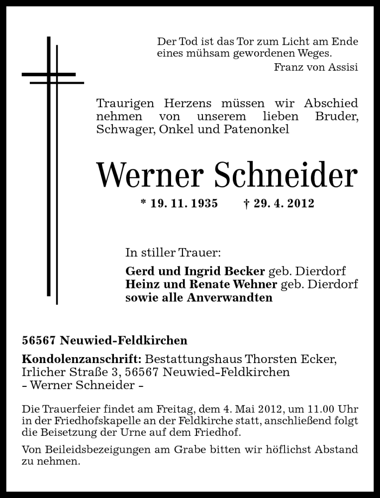 Traueranzeigen Von Werner Schneider Rz Trauer De