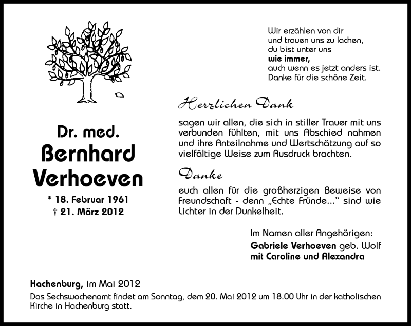  Traueranzeige für Bernhard Verhoeven vom 05.05.2012 aus Westerwälder Zeitung