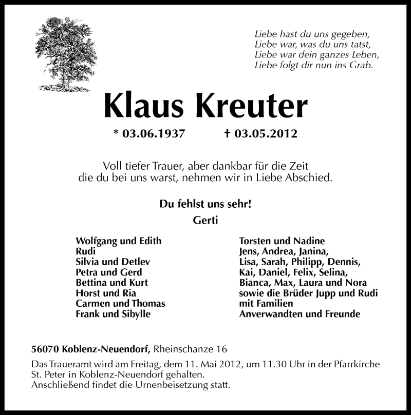  Traueranzeige für Klaus Kreuter vom 08.05.2012 aus Rhein-Zeitung