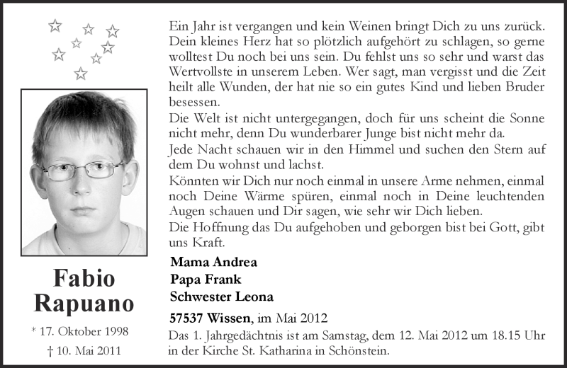  Traueranzeige für Fabio Rapuano vom 10.05.2012 aus Rhein-Zeitung