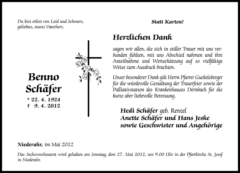  Traueranzeige für Benno Schäfer vom 12.05.2012 aus Westerwälder Zeitung