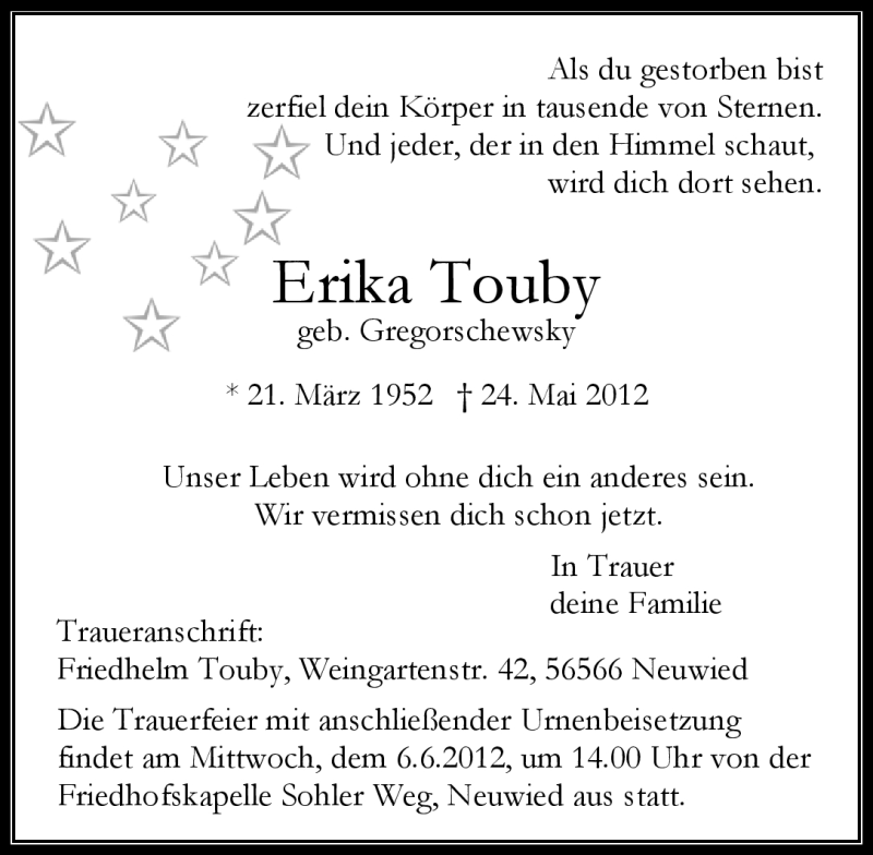  Traueranzeige für Erika Touby vom 26.05.2012 aus Rhein-Zeitung