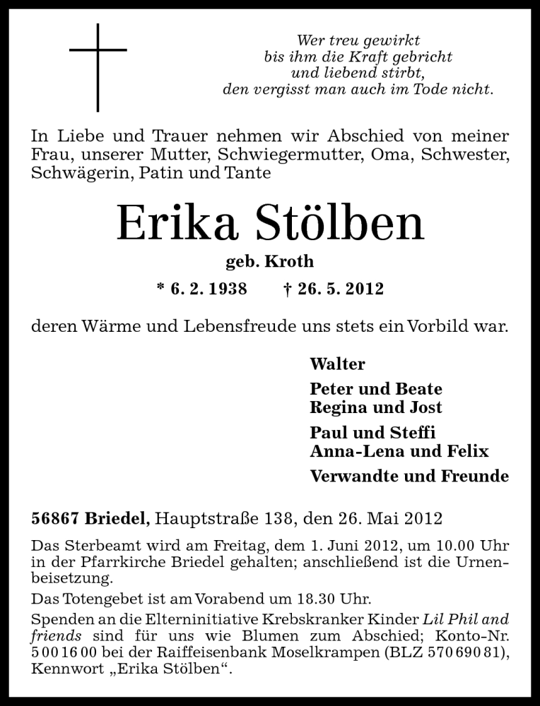  Traueranzeige für Erika Stölben vom 29.05.2012 aus Rhein-Zeitung