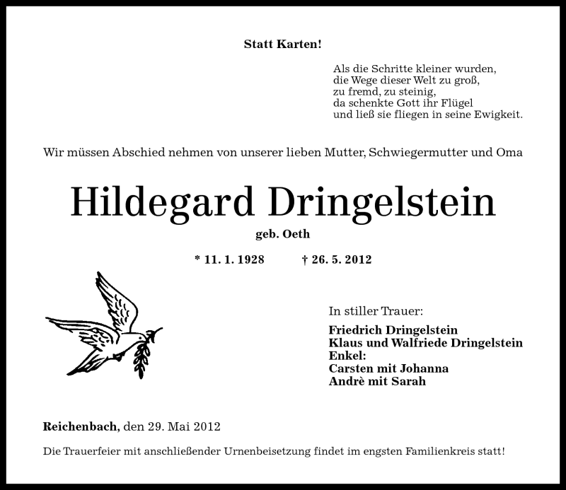  Traueranzeige für Hildegard Dringelstein vom 29.05.2012 aus Nahe-Zeitung