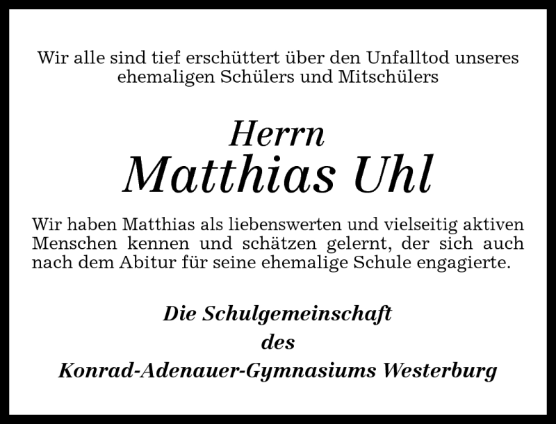  Traueranzeige für Matthias Uhl vom 02.06.2012 aus Westerwälder Zeitung