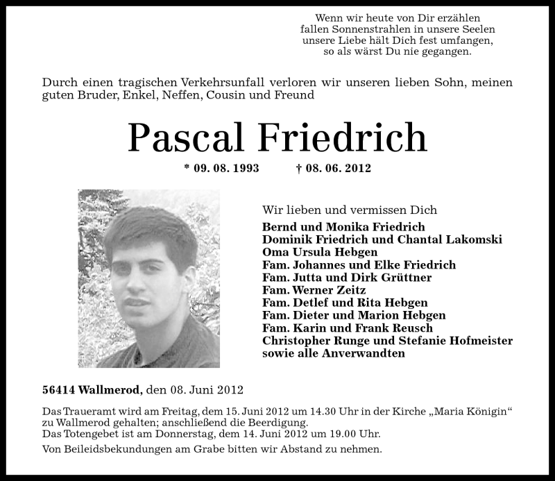  Traueranzeige für Pascal Friedrich vom 13.06.2012 aus Westerwälder Zeitung