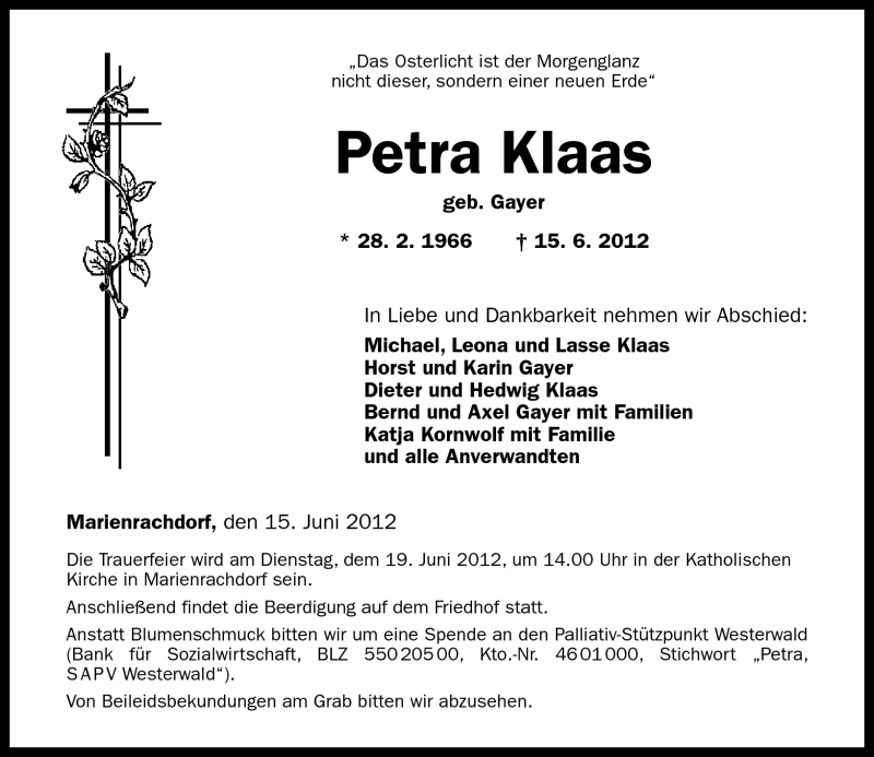  Traueranzeige für Petra Klaas vom 18.06.2012 aus Westerwälder Zeitung