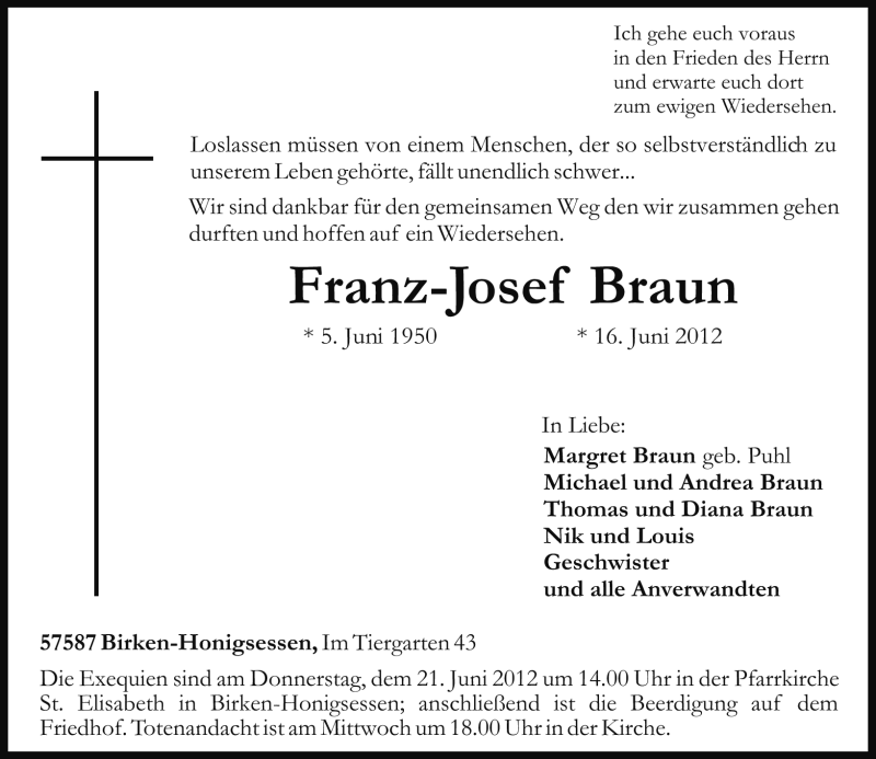 Traueranzeigen Von Franz-Josef Braun | Rz-trauer.de