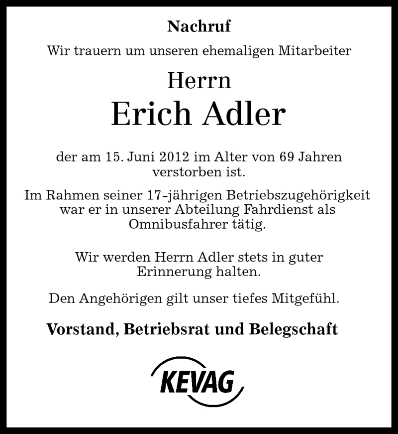  Traueranzeige für Erich Adler vom 20.06.2012 aus Westerwälder Zeitung