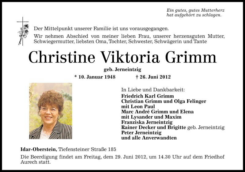  Traueranzeige für Christine Viktoria Grimm vom 27.06.2012 aus Nahe-Zeitung