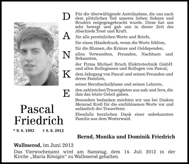  Traueranzeige für Pascal Friedrich vom 30.06.2012 aus Westerwälder Zeitung