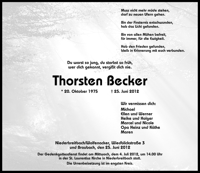 Traueranzeige für Thorsten Becker vom 24.07.2012 aus RZ Trauer