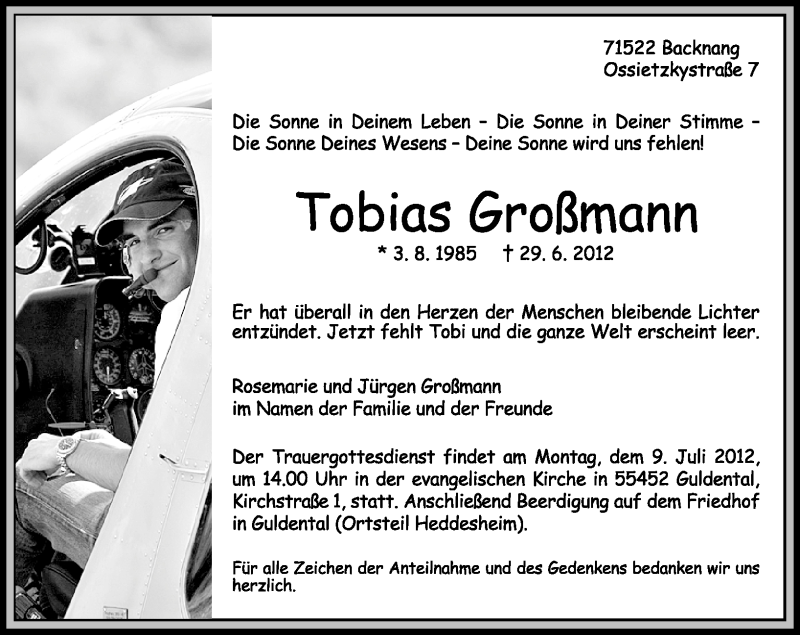  Traueranzeige für Tobias Großmann vom 05.07.2012 aus Oeffentlicher Anzeiger