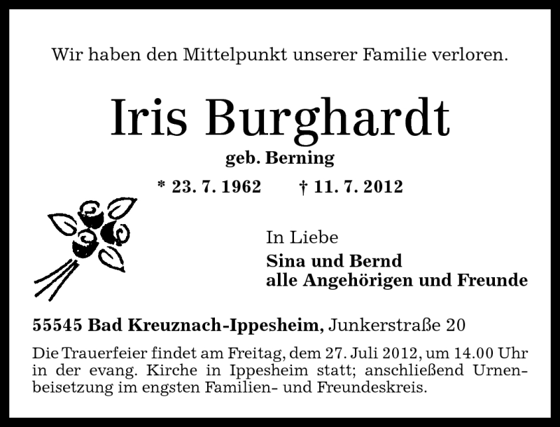  Traueranzeige für Iris Burghardt vom 21.07.2012 aus Oeffentlicher Anzeiger