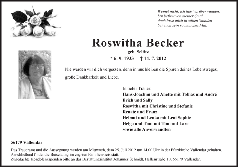  Traueranzeige für Roswitha Becker vom 21.07.2012 aus Rhein-Zeitung