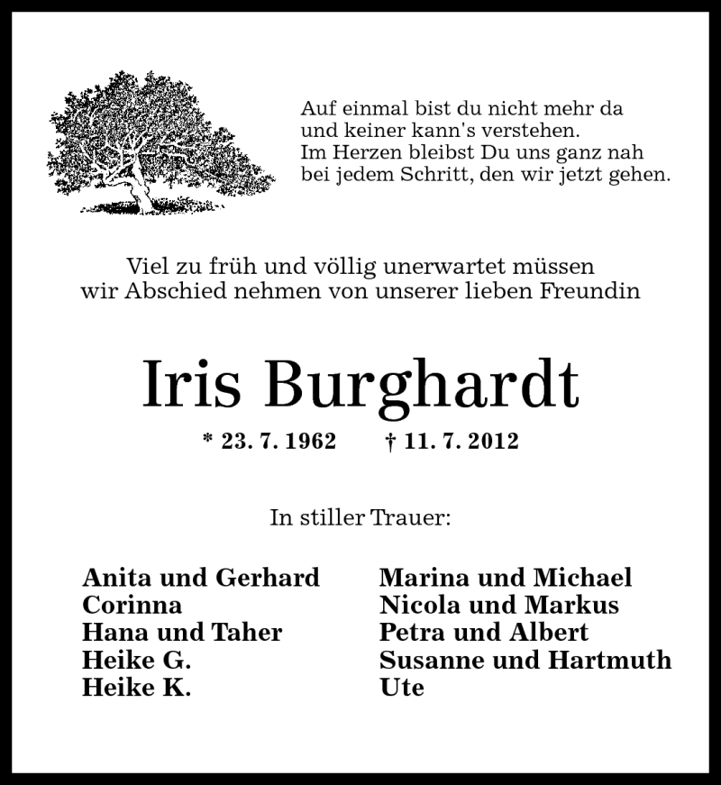  Traueranzeige für Iris Burghardt vom 21.07.2012 aus Oeffentlicher Anzeiger