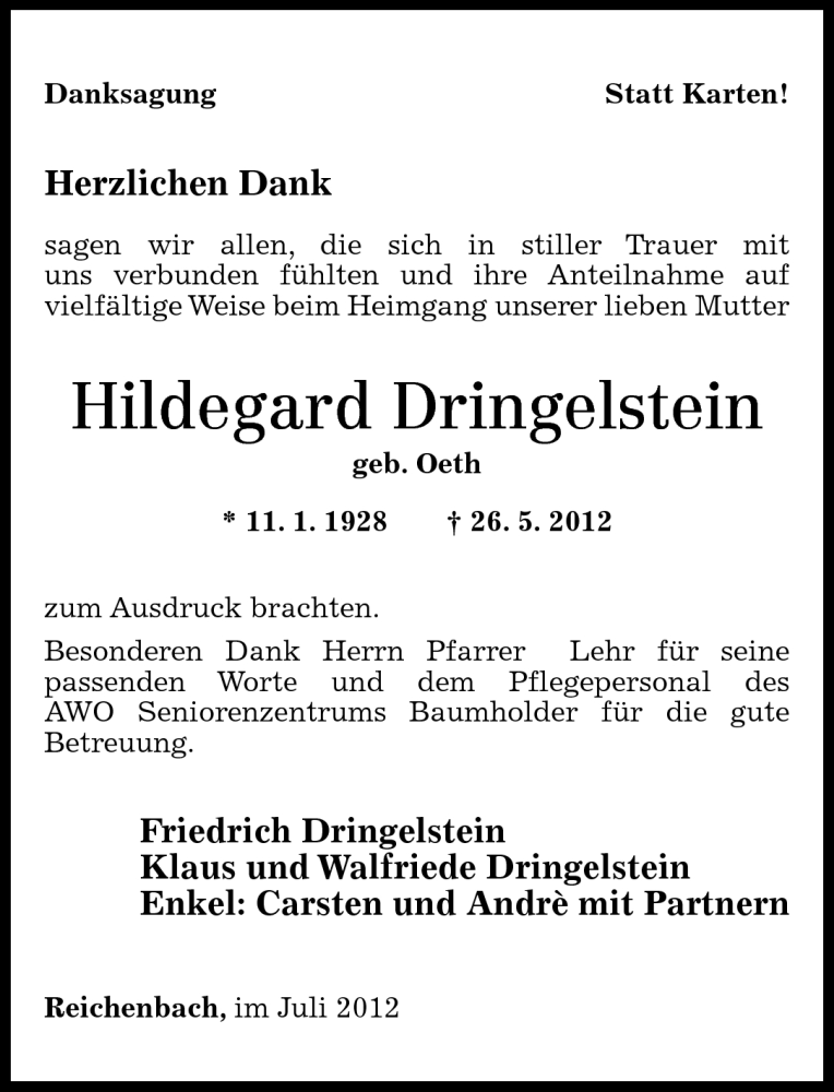  Traueranzeige für Hildegard Dringelstein vom 21.07.2012 aus Nahe-Zeitung