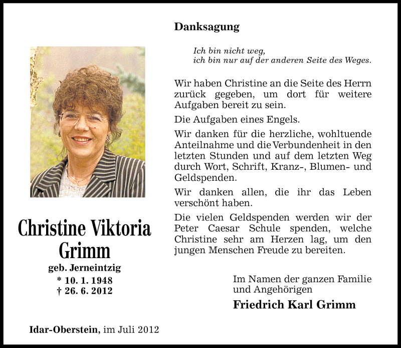  Traueranzeige für Christine Viktoria Grimm vom 21.07.2012 aus Nahe-Zeitung
