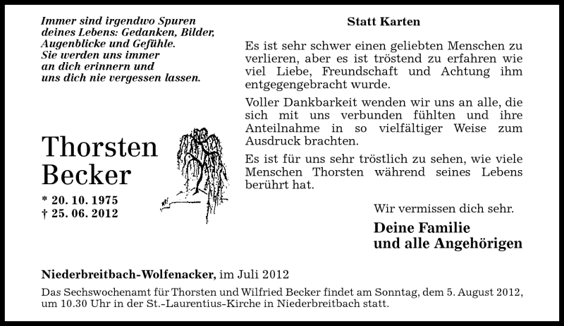  Traueranzeige für Thorsten Becker vom 28.07.2012 aus Rhein-Zeitung