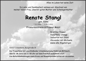 Traueranzeigen von Renate Stangl | rz-trauer.de