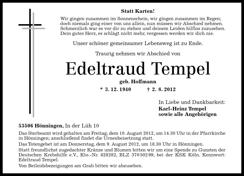  Traueranzeige für Edeltraud Tempel vom 04.08.2012 aus Rhein-Zeitung