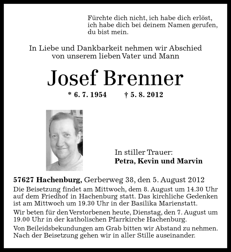  Traueranzeige für Josef Brenner vom 07.08.2012 aus Westerwälder Zeitung