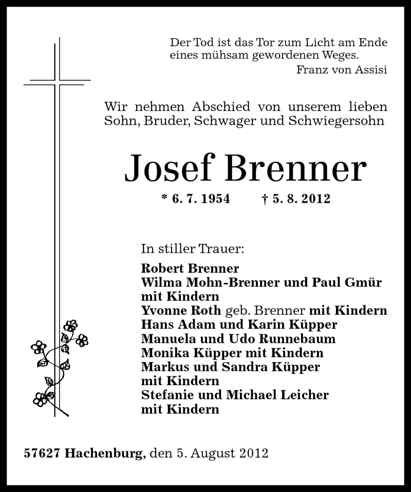  Traueranzeige für Josef Brenner vom 07.08.2012 aus Westerwälder Zeitung
