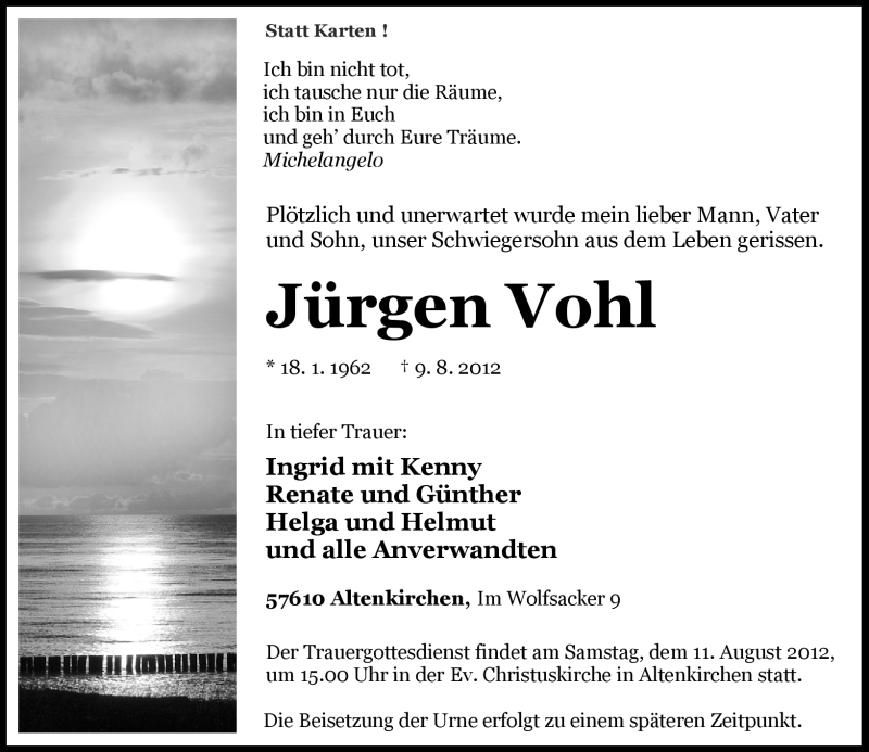  Traueranzeige für Jürgen Vohl vom 10.08.2012 aus Rhein-Zeitung