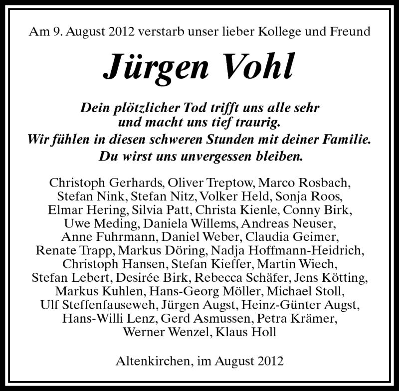  Traueranzeige für Jürgen Vohl vom 11.08.2012 aus Rhein-Zeitung