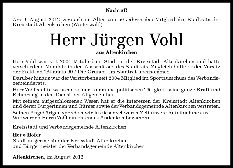  Traueranzeige für Jürgen Vohl vom 11.08.2012 aus Rhein-Zeitung